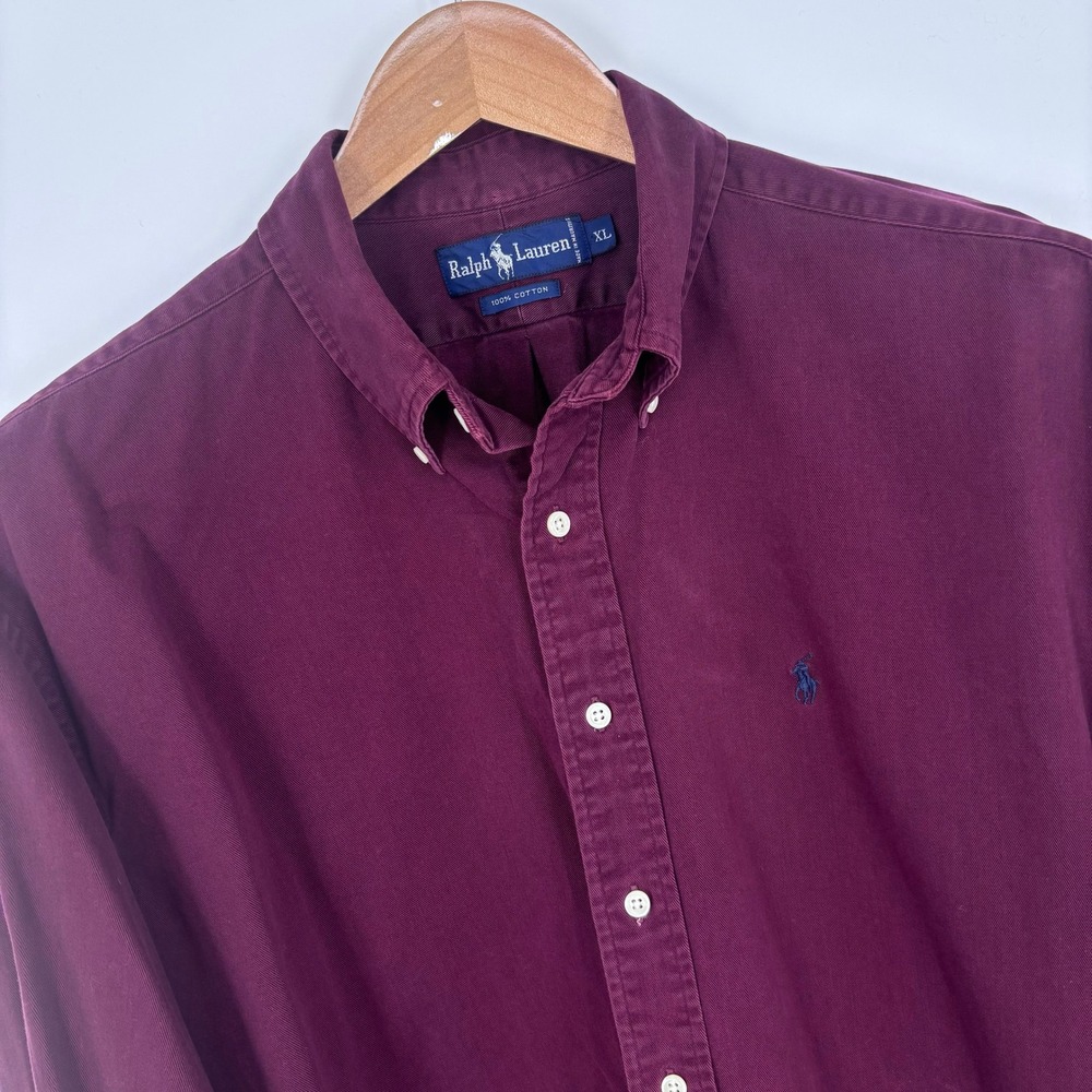 VTG Polo Ralph Lauren Garment Dyed Twill Shirt Mens XL Burgundy Long Sleeve FLAW